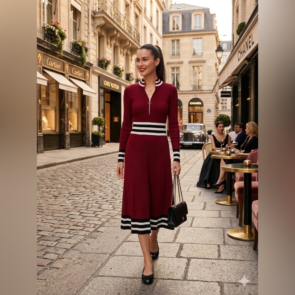 Maje Striped knit red‎ long sleeve Midi sweater dress stretchy chic sz2/medium